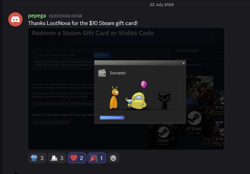 LootNova winner pepega redeeming a $10 Steam gift card successfully